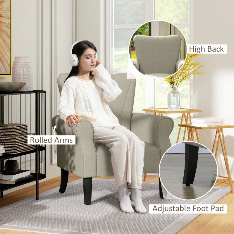 HOMCOM Upholstered Accent Chair with Rolled Arms and Wood Legs, Armchair for Living Room Bedroom, Beige