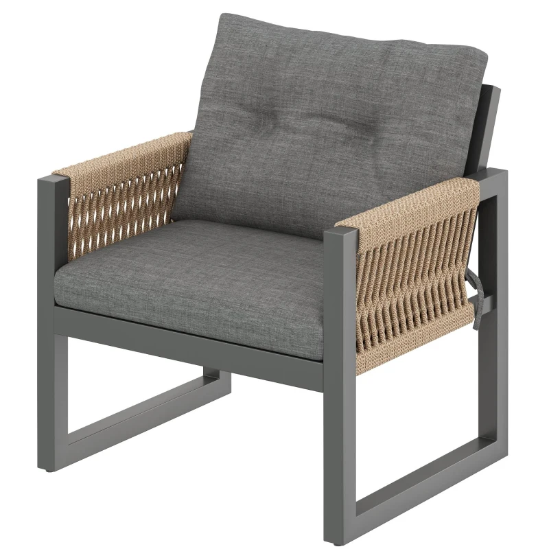 Set de sofá moderno para exterior, mesa desmontable, reposabrazos trenzados y cojines de asiento gruesos, Gris+Color natural