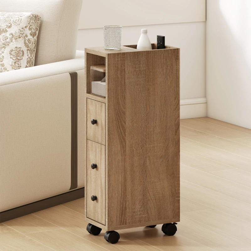 Kleankin Armadietto da Bagno a Colonna, Mobile Bagno con 4 Ruote, 1 Cassetto 1 Armadietto con Anta 2 Armadietti Aperti, Color Rovere, 18x30x68.5 cm