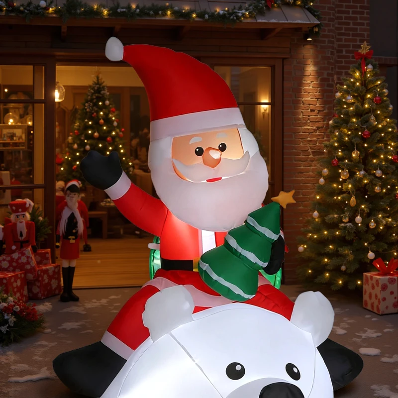 Outsunny Moș Crăciun gonflabil pe urs polar 200 cm, 5 lumini LED, decorațiune de Crăciun pentru interior și exterior, alb