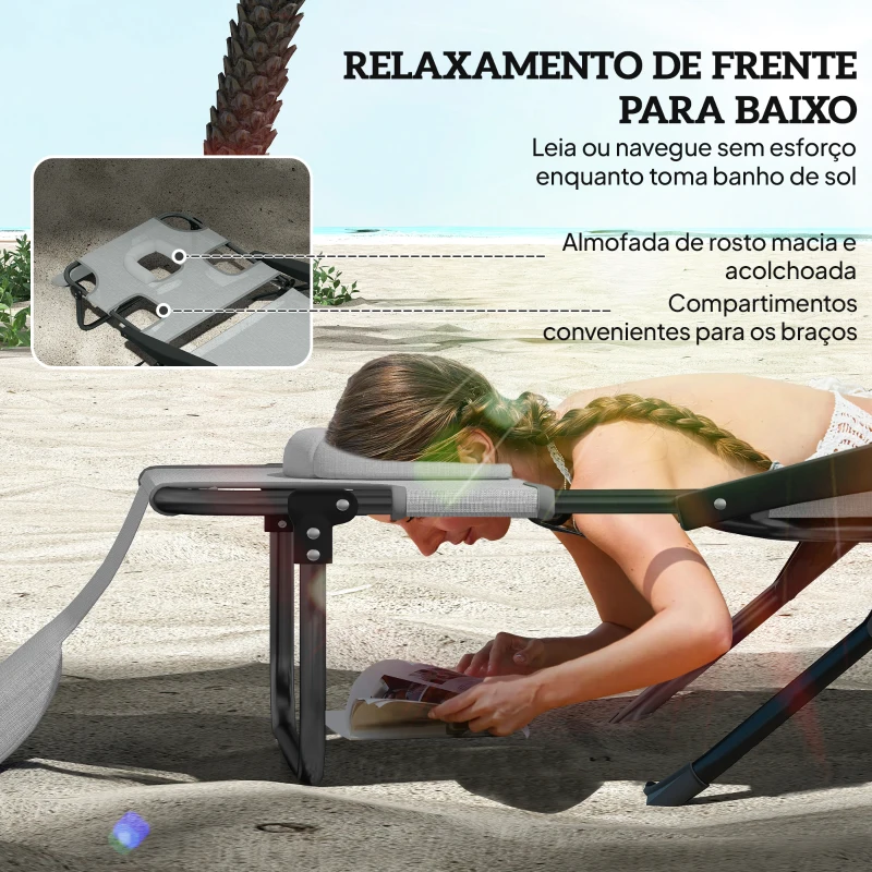Outsunny Espreguiçadeira Dobrável Encosto Ajustável Orifício de Leitura Almofada de Apoio e Braços Carga 120 kg 145x72x89 cm Cinzento Escuro