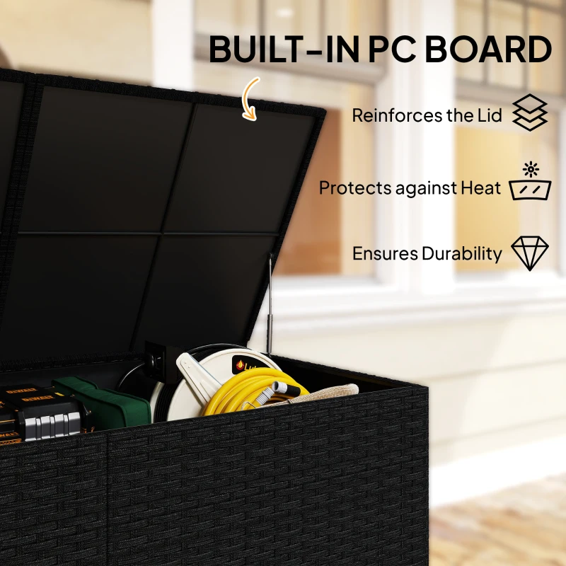 Outsunny 650L Garden Storage Box with 2 Wheels, Rattan Deck Box with Waterproof Zipped Liner, Safe Pneumatic Rods, Black