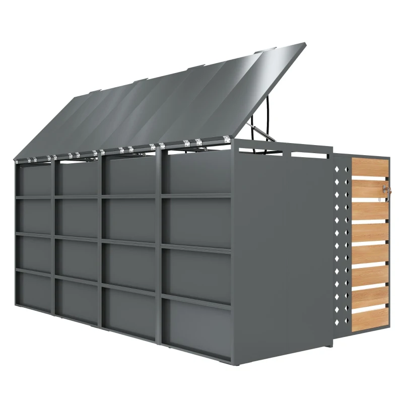 Mülltonnenbox mit 4‑fach Aufbewahrung, rautenförmiger Seitenperforation für Belüftung, 264x80x118,5 cm, Grau+Naturfarbe