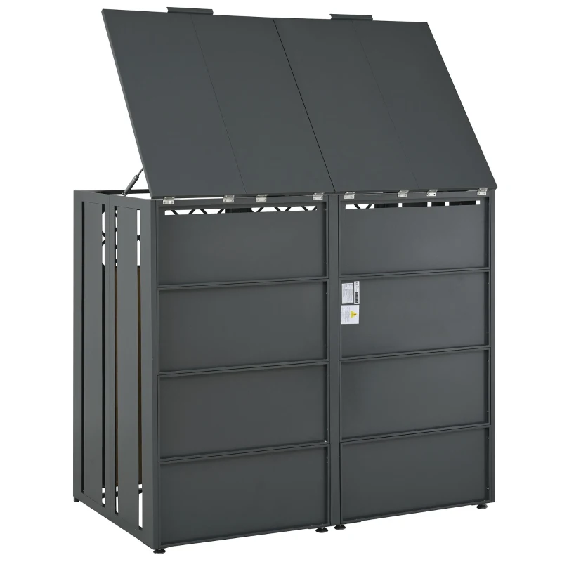 Mülltonnenbox mit hydraulischem Klappdeckel und abschließbarer Front, zwei getrennte Fächer, 132x80x118,5 cm, Grau+Naturfarbe