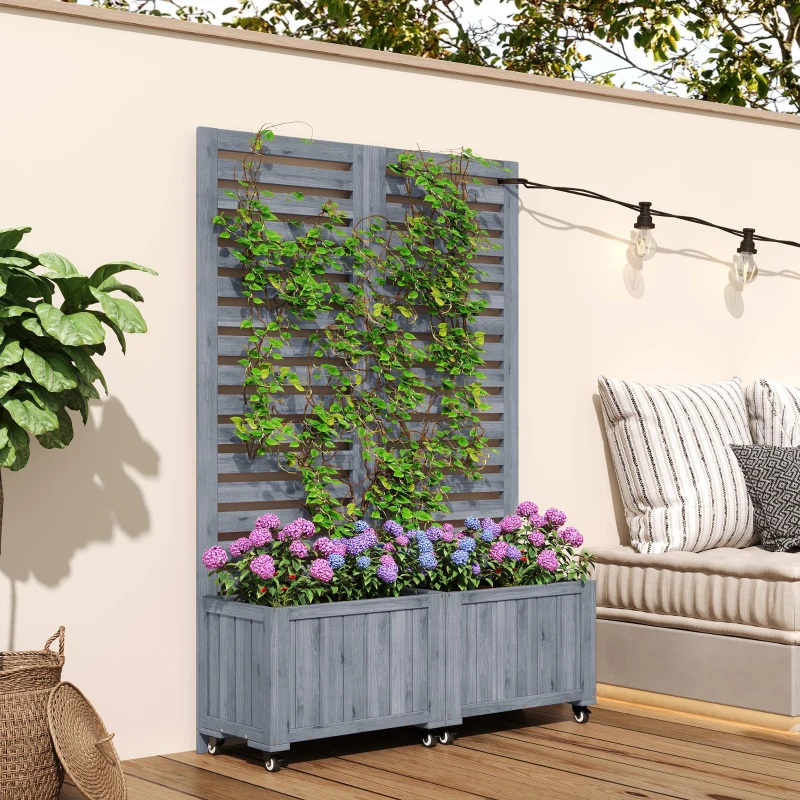 Pflanzkübel mit Spalier, 2 große Pflanzkästen und 2 Gartenspaliere als Kletterhilfe, 102,5 x 32 x 152,5 cm, Grau