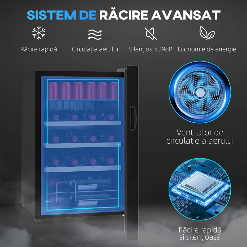 HOMCOM Vitrină pentru Vinuri Refrigerată 12 Sticle 53L Vitrină Frigider Silențioasă Temperatură Reglabilă 5-18℃ Frigider Vinuri Bar cu Sticlă Anti UV, Rafturi, Compresor, Display Tactil, Lumini LED, Clasa G