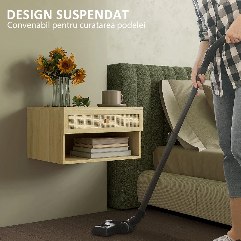 HOMCOM Set 2 noptiere cu sertar și rafturi deschise, stil Boho, din PAL și ratan, 40x34x23 cm(m-5)