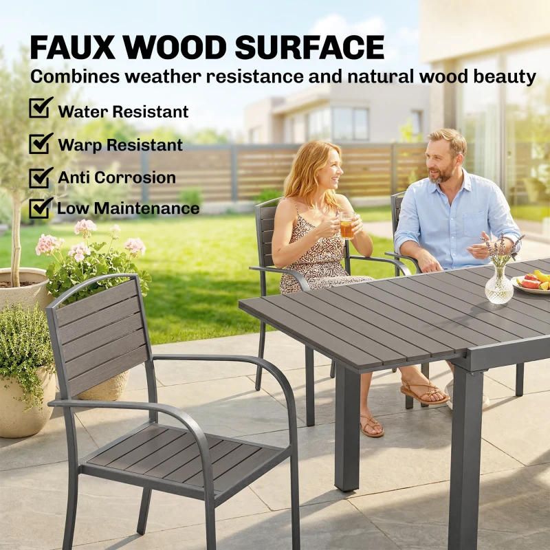 Outsunny Gartenmöbel Set Sitzgruppe 7-teilig Ausziehbar Tisch mit 6 Stühlen Holzoptik Lamelldesign Aluminiumrahmen