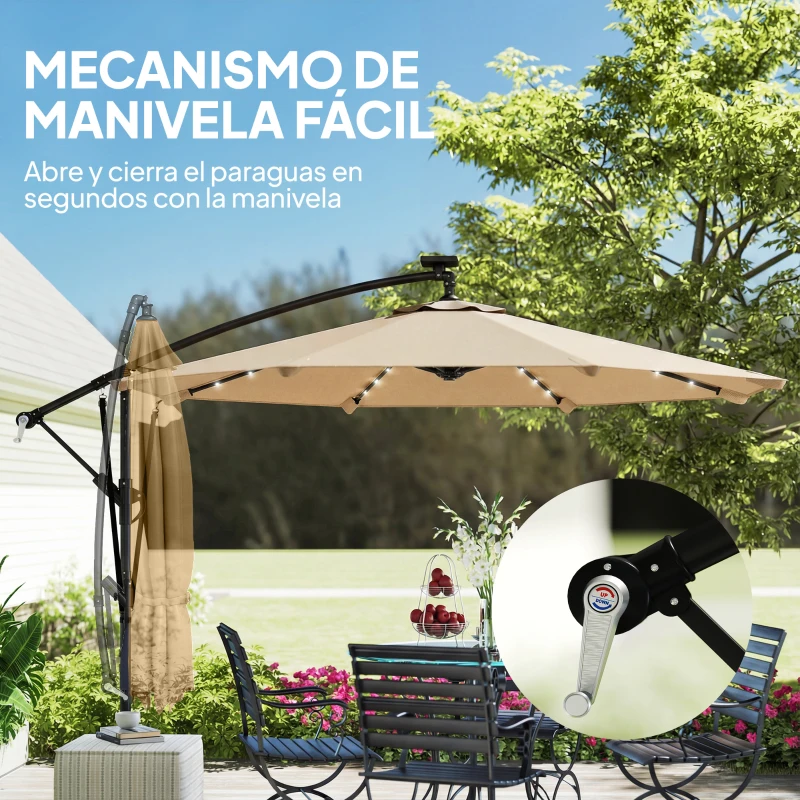 Outsunny Parasol Excéntrico con Luces LED Solares 330x295 cm Sombrilla Jardín con Base Cruzada Manivela Funda Protectora Caqui
