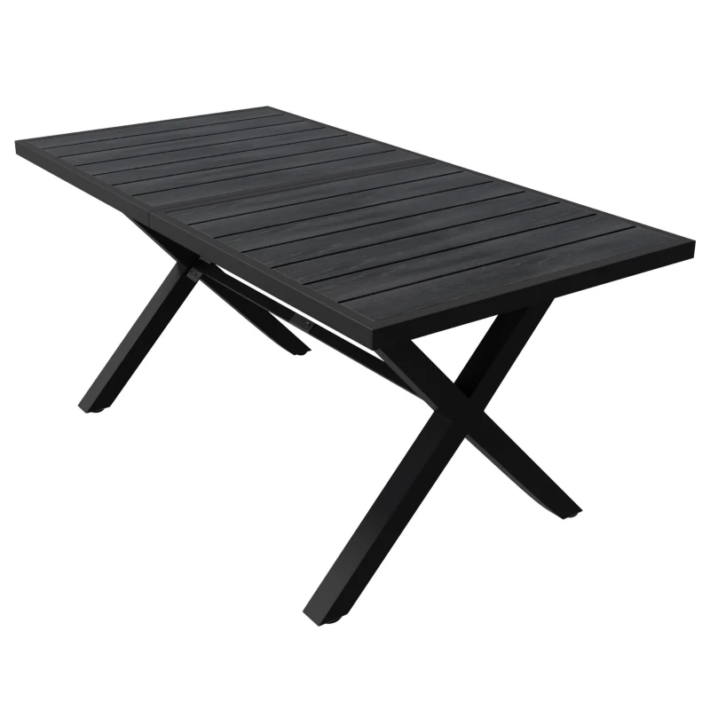 Modernes 6-teiliges Garten- und Terrassen-Esstisch-Set, kreuzförmigem Eisengestell, Schwarz+Naturfarbe