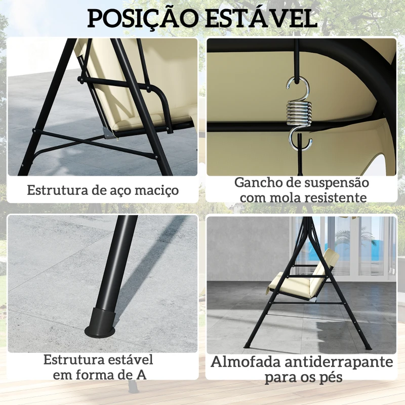 Outsunny Baloiço de Jardim  de 3 Lugares Baloiço com Teto Ajustável Almofada e Estrutura em Aço 172x118x153 cm Bege