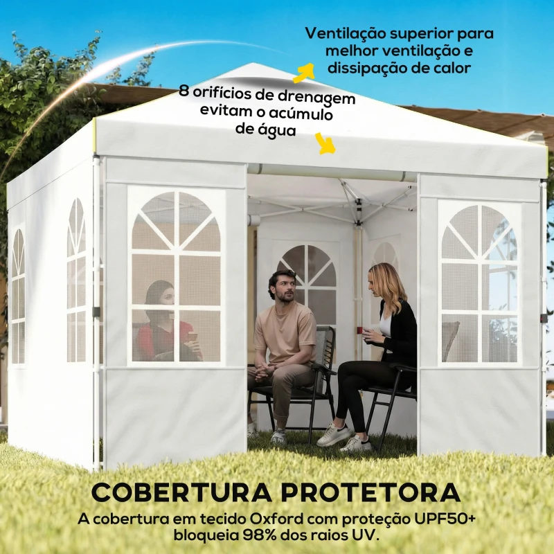 Outsunny Tenda Dobrável 3x3 m Pop-up com UPF 50+, 4 Laterais Removíveis, Altura Ajustável e Bolsa de Transporte, Branco