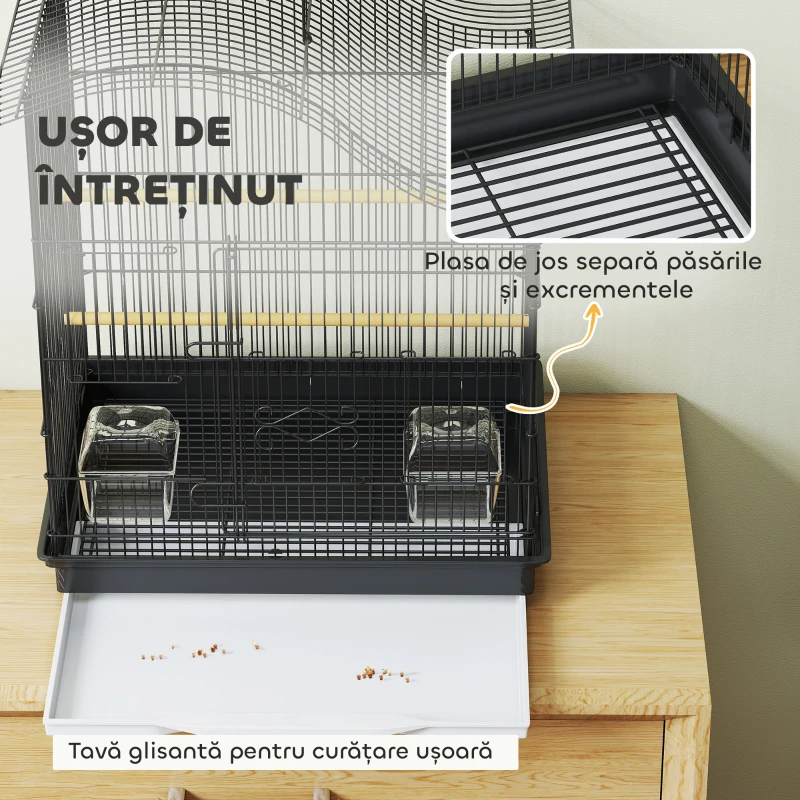 PawHut Cușcă pentru Păsări cu 4 Accesuri, 2 Boluri, 2 Stinghii și Tavă Detașabilă, Volieră din Metal și Plastic, 47,5x36x54,5 cm, Negru