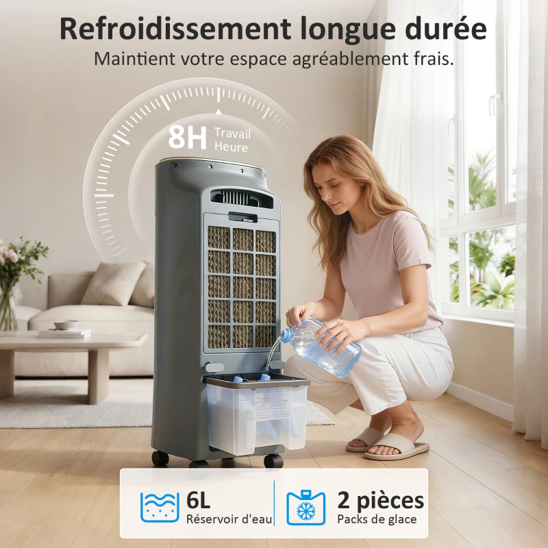 HOMCOM Refroidisseur d'air mobile 4 en 1 humidificateur purificateur ventilateur, oscillation 90°, 4 vitesses, 3 modes, gris