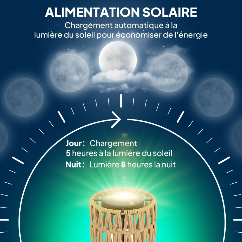 Outsunny Lampadaire solaire extérieur en résine tressée, lampadaire à 3 lumières avec capteur et étagère, Ø37 x 144 cm, jaune