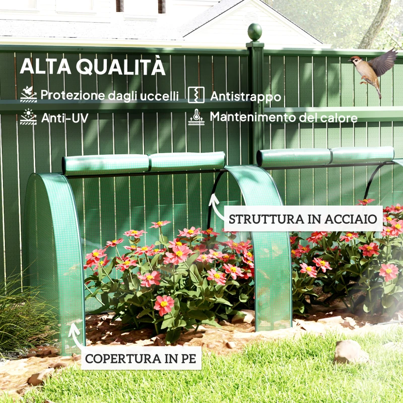 Outsunny Serra a Tunnel in Acciaio e Plastica Impermeabile Anti UV con 4 Porte, 395x100x80 cm, Verde