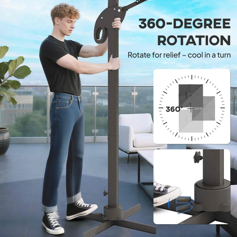 Outsunny Parasol déporté rectangulaire parasol LED inclinable pivotant manivelle acier alu. dim. 3L x 3l x 2,66H m polyester gris