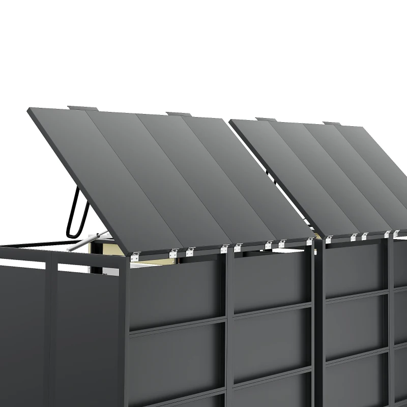 Mülltonnenbox mit hydraulischem Klappdeckel, 4 Fächern und separaten abschließbaren Türen, 264x80x118,5 cm, Grau+Naturfarbe