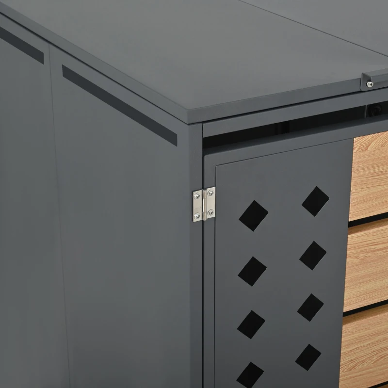 Mülltonnenbox mit hydraulischem Klappdeckel, zwei separaten Fächern und abschließbaren Türen, 132x80x118,5 cm, Grau+Naturfarbe