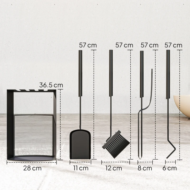 Outsunny Set servitor pentru șemineu 5 piese metal cu perie, lopată, tisonier, pereche de clești și suport 28x13x59,5cm negru