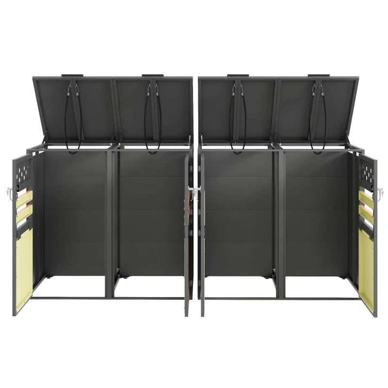 Mülltonnenbox mit hydraulischem Klappdeckel, vier abschließbare Fächer, rautenförmige Belüftung, 264x80x120 cm, Grau+Naturfarbe