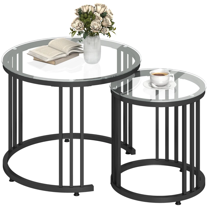 HOMCOM Round Coffee Tables Set of 2, Nesting Tables with Tempered Glass Top and Steel Frame, Black