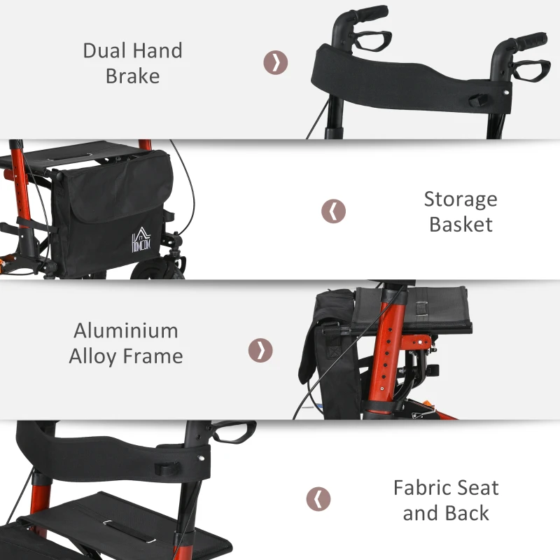 HOMCOM Lightweight Walking Frame, Rubber Wheels, Rollator Walker with Seat and Wheels with Adjustable Handle, Bag, Red