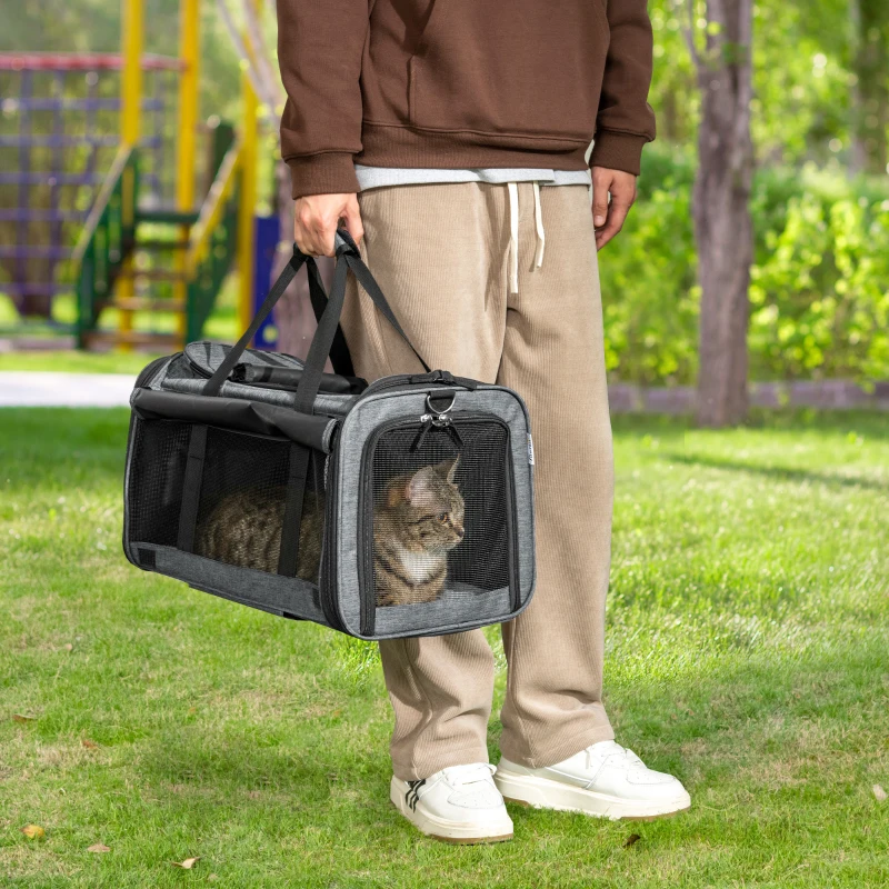 PawHut Sac de transport pour animaux 4 en 1 trolley chariot panier à roulette sa bandoulières 4 roulettes amovibles gris