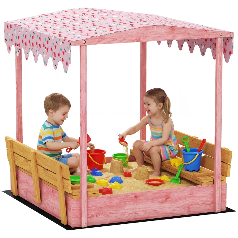 AIYAPLAY Wooden Sandbox with Lid, Flamingos Print Canopy, Kids Outdoor Sand Pit with Foldable Bench Seats, Bottom Liner, Pink