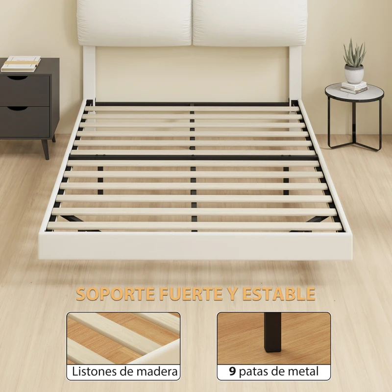 HOMCOM Cama Doble de 135x190 cm Somier con Cabecero Acolchado Efecto Flotante Estructura Metálica Beige