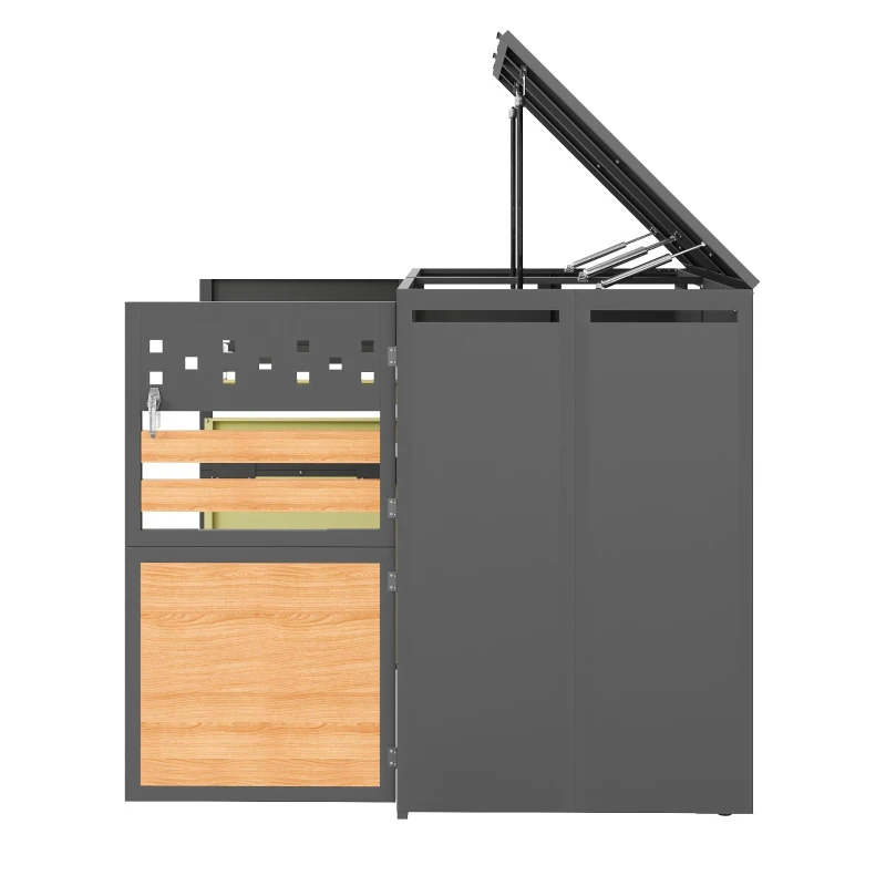 Mülltonnenbox mit hydraulischem Klappdeckel, abschließbaren Doppeltüren und zwei Fächern, 132x80x120 cm, Grau+Naturfarbe