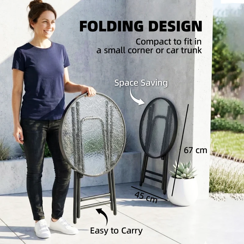 Outsunny Foldable Garden Table, Round Folding Table with Glass Tabletop and Safety Buckle for Patio, Garden, Outdoor, Indoor, Black