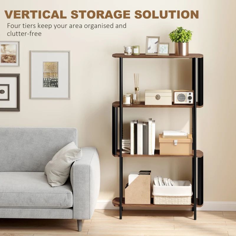 HOMCOM 4-poziomowy regał, stojący regał z zakrzywionym designem, industrialny regał książkowy, brązowy wygląd drewna