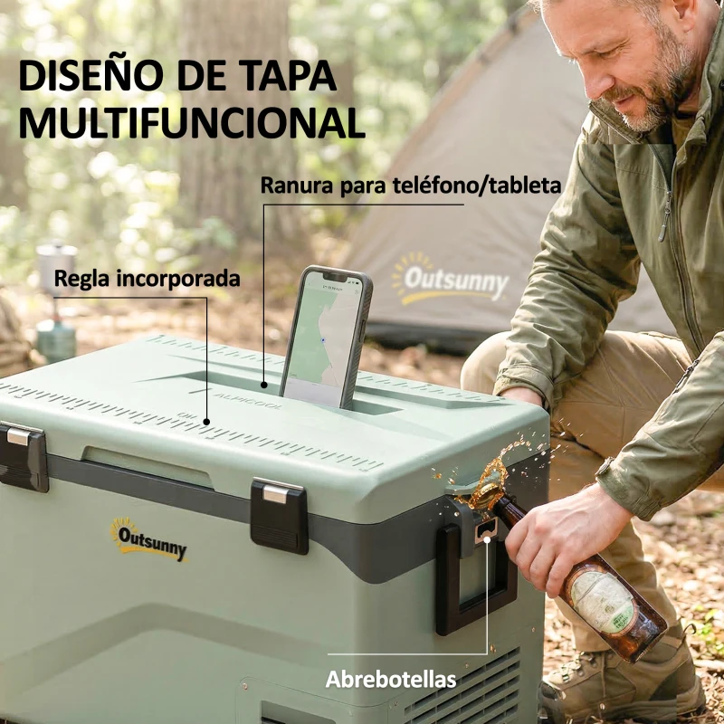Outsunny Nevera Portátil Eléctrica 42,5L con Compresor Control por App Ruedas Asa Barra -20℃ a 20℃ y Soporte para Móvil Verde