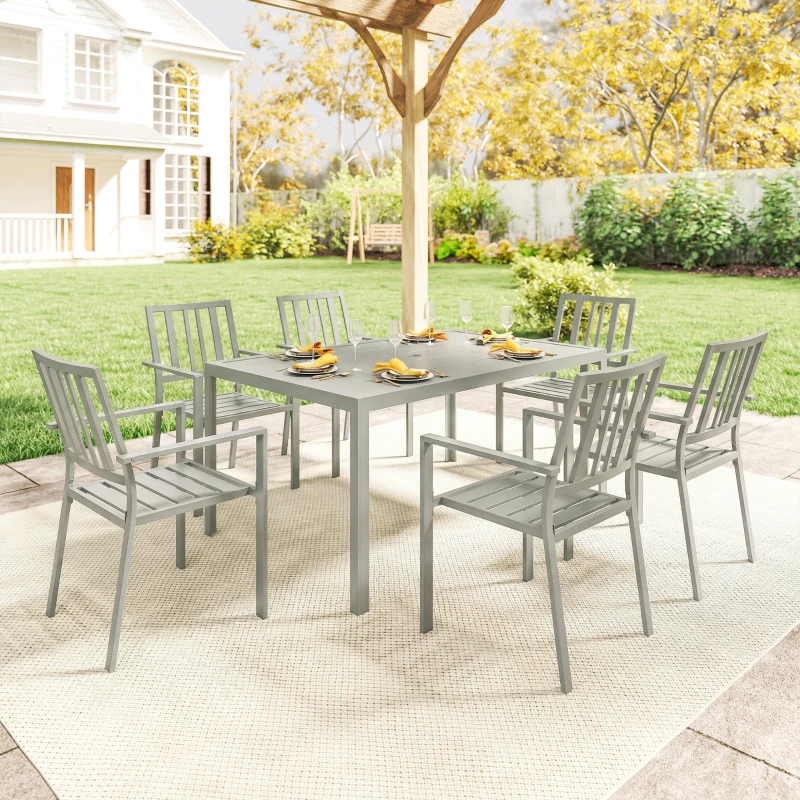 Outsunny Garden Table and Chairs for 6, 7 Pieces Garden Furniture Set with Table, 6 Stackable Chairs and Umbrella Hole Light Grey