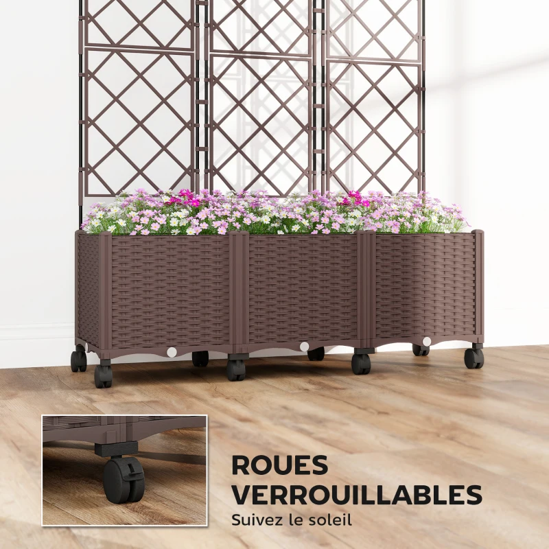 Outsunny Jardinière avec treillis, bac à fleurs sur roulettes avec système d'auto-arrosage, 120x40x192cm, marron