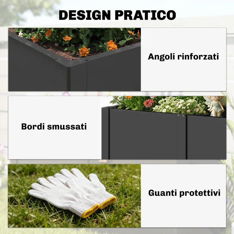 Outsunny Letto Rialzato da Giardino in Acciaio, con Divisore, Angoli Rinforzati e Bordo Sicuro, Fondo Aperto, Nero