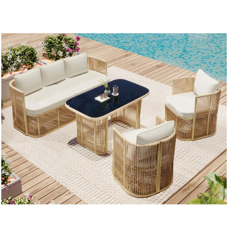 5-teiliges PE‑Rattan-Gartenmöbel-Set, 3‑Sitzer-Sofa, 2 Sesseln und Glastisch, Beige+Schwarz+Weiß