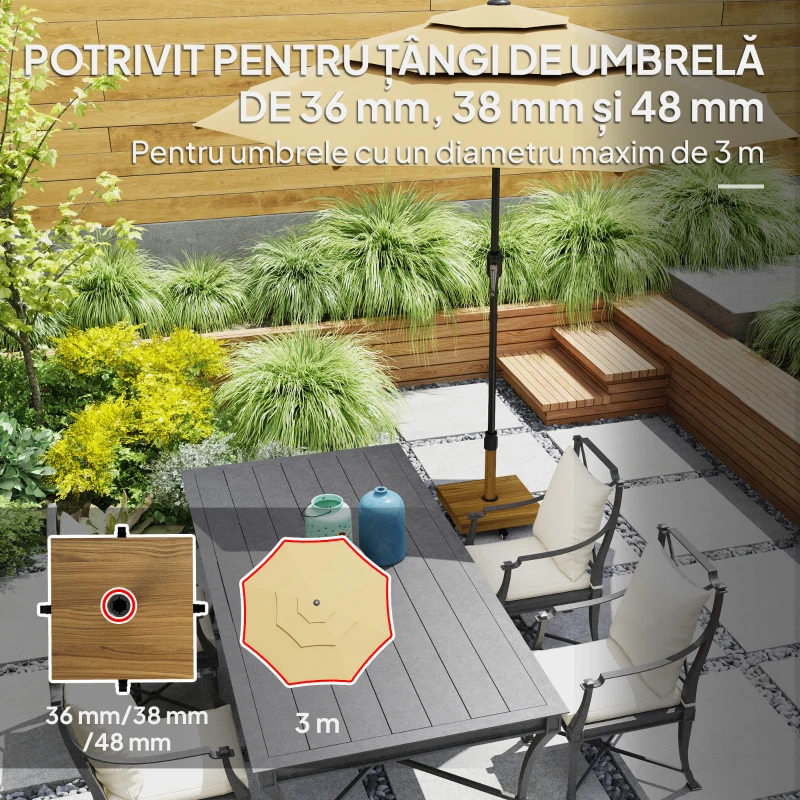 Outsunny Bază pentru Umbrelă cu Roți și Frâne, Suport din Metal cu Ciment, pentru Stâlpi de Umbrelă Ø36/38/48 mm, Efect Lemn Natural