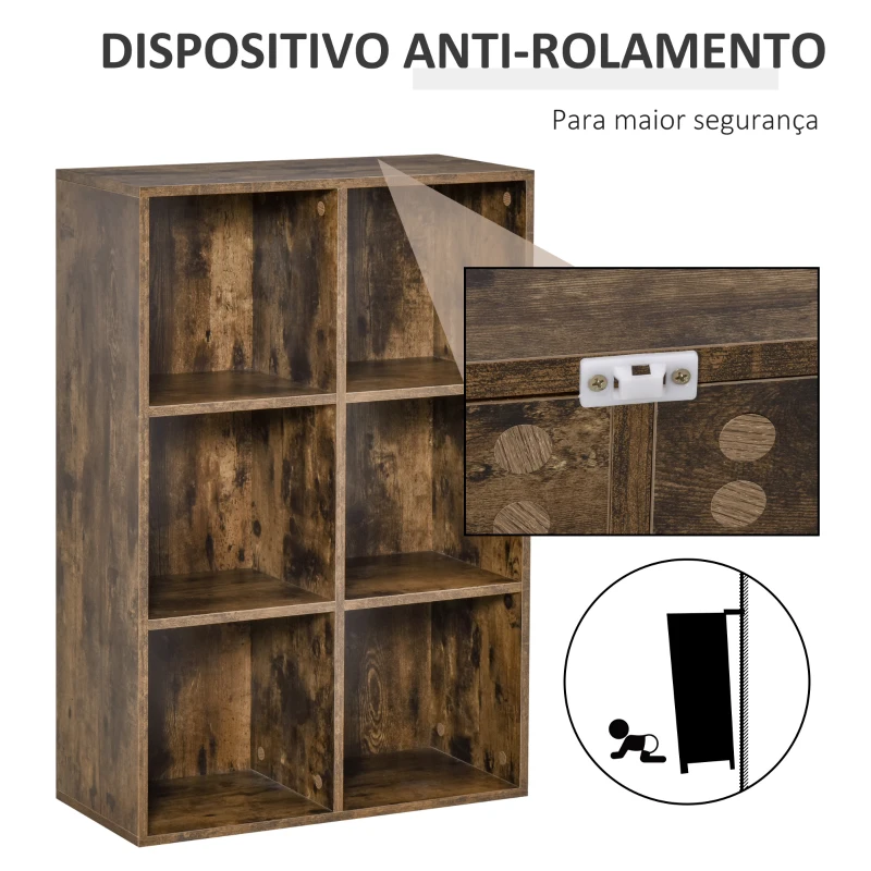 HOMCOM Estante de 3 Níveis Prateleira para Livros com 6 Cubos de Arrumação para Escritório 65,5x30x97,5 cm Castanho Rústico