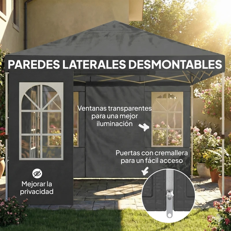Outsunny Carpa Plegable 3x3 m Pop-up con UPF50+ 4 Laterales Desmontables Altura Ajustable y Bolsa de Transporte Gris Oscuro