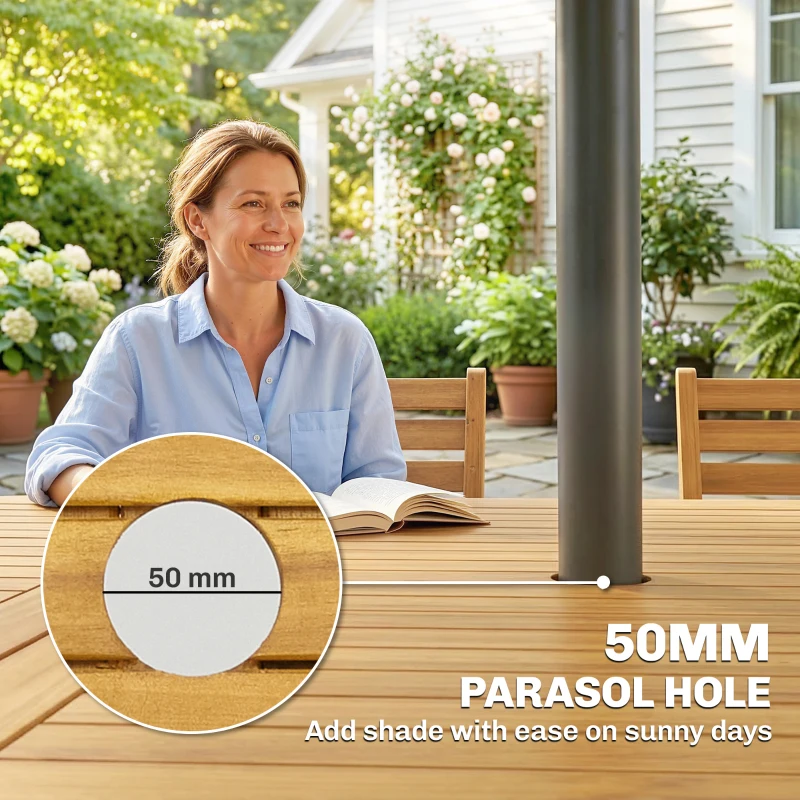 Outsunny Tuinmeubelset FSC hout zitgroep 7-delig uitschuifbare tafel met 6 klapstoelen parasolopening lamellenontwerp