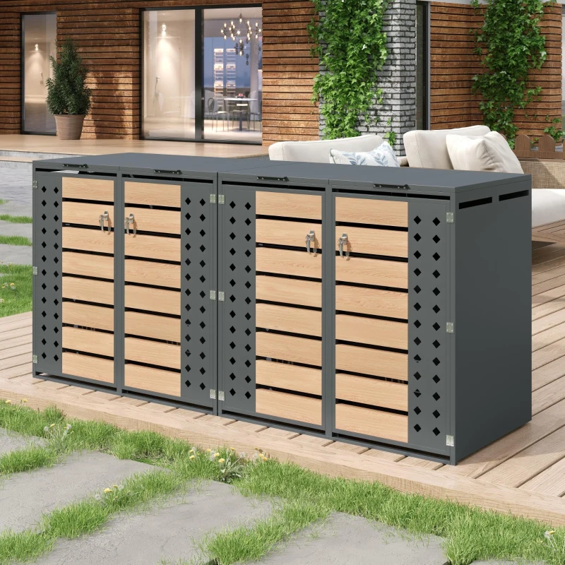 Mülltonnenbox mit 4‑fach Aufbewahrung, rautenförmiger Seitenperforation für Belüftung, 264x80x118,5 cm, Grau+Naturfarbe