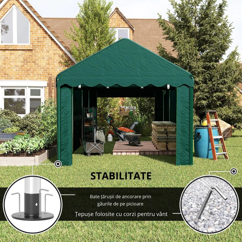 Outsunny Carport tente garage 3 x 6m Acoperiș mașină robust cu 2 uși înfășurate, țesătură 200g PE, verde