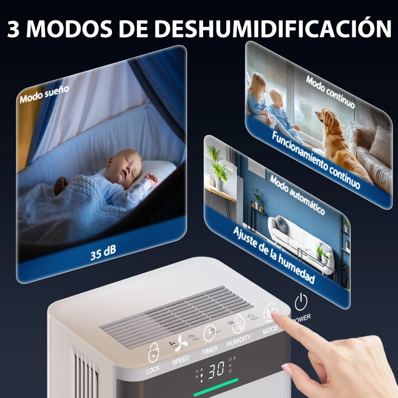 HOMCOM Deshumidificador 12L/día Silencioso con 3 Modos Pantalla LED Temporizado 24H Bloqueo Infantil y Drenaje Continuo Blanco