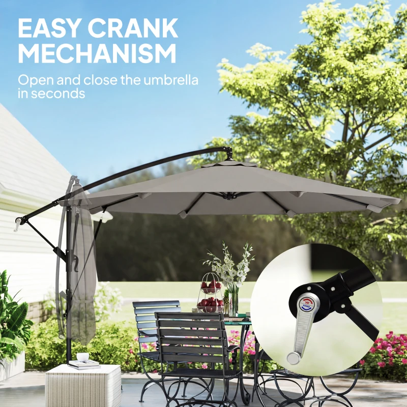 Outsunny 3 m Cantilever Parasol with Protective Cover and Wind Ropes, Banana Parasol with Crank Handle, Light Grey