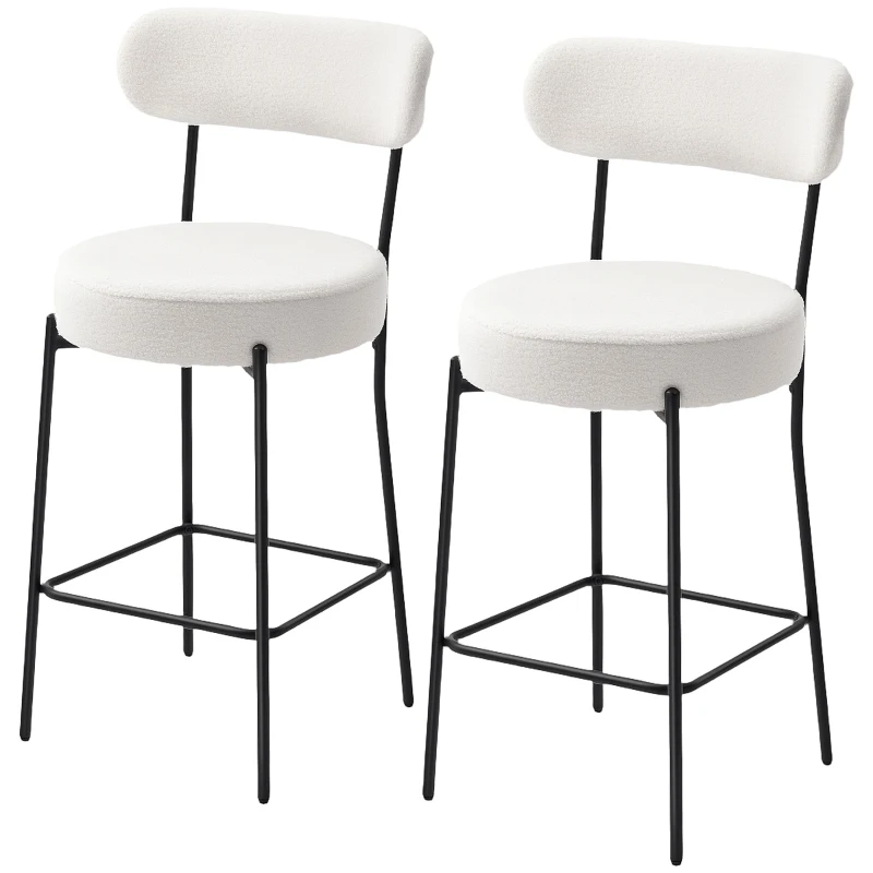 HOMCOM Set de 2 taburete de bar din țesătură bouclette, scaune de bar cu spătar curbat, suport picioare, 49x52x95cm, crem