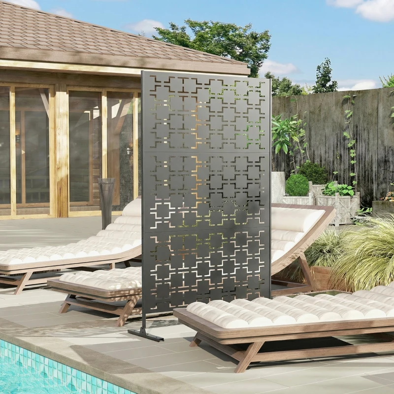 Outsunny Panou paravan decorativ de exterior cu model geometric decupat din metal - 122 x 45 x 198 cm, negru