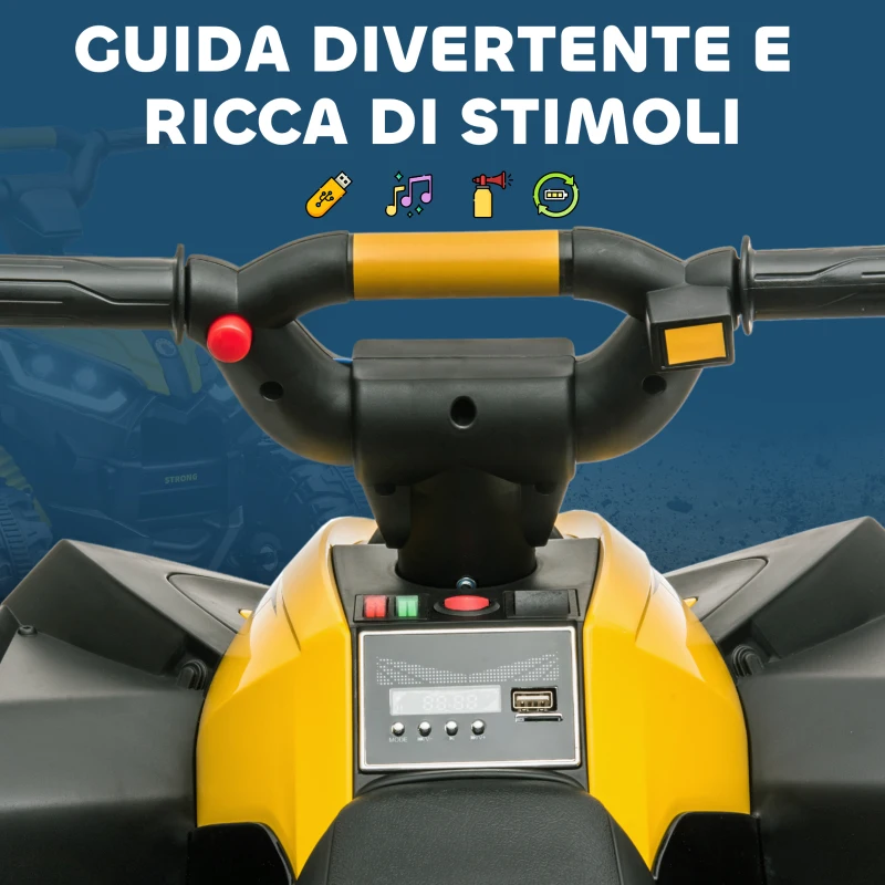 HOMCOM Quad Elettrico per Bambini 12V, 2 Velocità, Ruote Larghe con Clacson e Fari LED, Età 3-5 Anni, Giallo