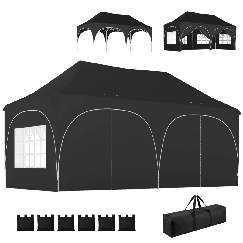 Outsunny 3 x 6m Pop Up Gazebo Shelter with Sides, 6 Sandbags, Peak Top Garden Party Tent Marquee with Carry Bag, Black